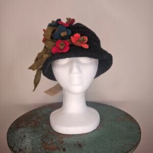 NWT! Platania Gorgeous Flower Embellished Wool Hat, Gray W/Multi